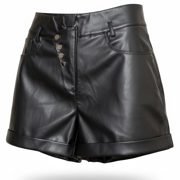 bebe Pants - Bebe High Rise Faux Leather Button Fly Shorts in Black Size Small